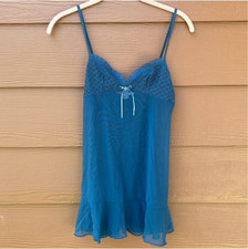 Victoria's Secret Y2K Rare Coquette Blue Lace Mesh Babydoll Chemise Dress Medium