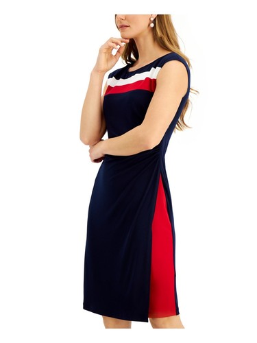 CONNECTED APPAREL Womens Navy Stretch Ruched Color Block Cap Sleeve Scoop Neck - Picture 11 of 11