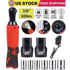 3/8'' Cordless Ratchet Right Angle Wrench Impact Power Tool 2 Battery & 7 Socket