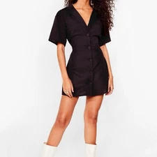 Nasty Gal Polka Dot Fitted Mini Shirt Dress Black White 12 Large