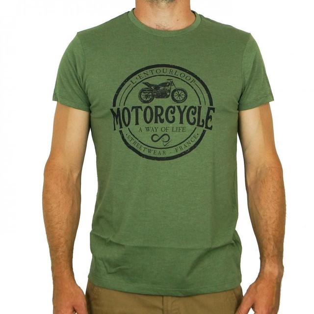Tee Shirt chiné pour moto Homme L'entourloop Patch Kaki taille S