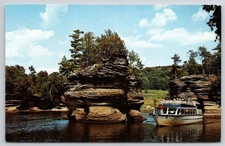 Dells Wisconsin WI Sugar Bowl Rock Islands Lower Trip River Flag Boat Postcard