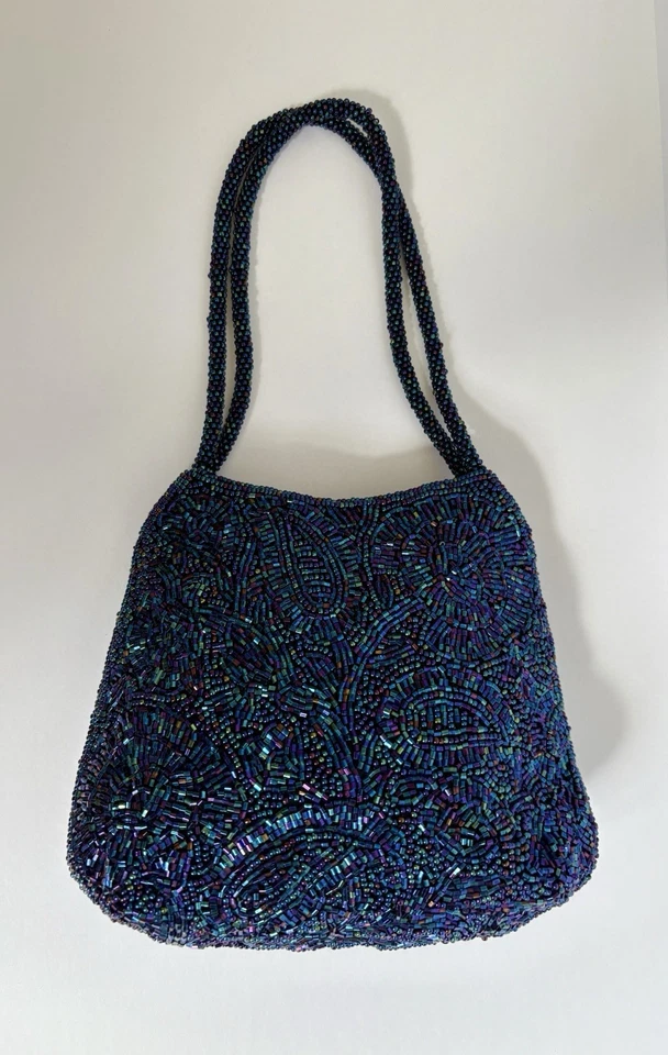 Bolso de mano pequeño La Regale vintage años 80 Art Deco con cuentas de vidrio