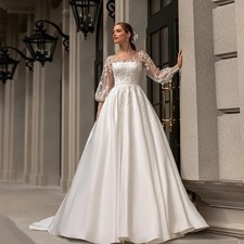 Lace Appliques Wedding Dresses A Line Fuffy Ruched Satin Ball Gowns Long Sleeve