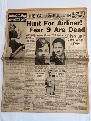 San Francisco Call Newspaper 1938 TWA Airliner Lost, Mae Capone, Bette Davis,