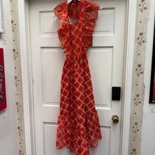 Vintage 1960s Red Frilly Gingham Grid Apron Cottagecore Prairie Classic Spring