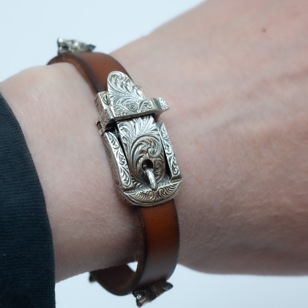 GUCCI Anger Forest Sterling Silver Buckle & Brown Leather Bracelet