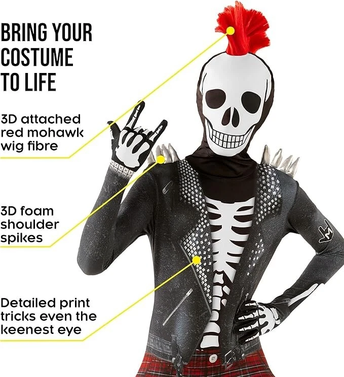 Fantasia de Halloween infantil esqueleto punk morphsuit meninos meninas terno de pele de roqueiro - Imagem 2 de 4