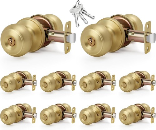 10 Pack Satin Brass Keyed Entry Flat Ball Door Knobs for Secure Entrances - 第 3/10 張圖片