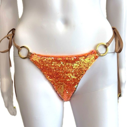 Beach Bunny Swimwear Tie Side Skimpy Bottom Size M Orange Sequin Iridescent NEW