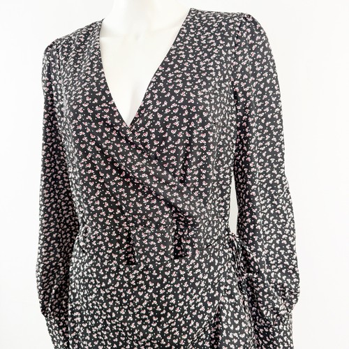 Barneys New York Black Micro Floral Wrap Dress Size L Long Sleeve V-Neck Casual - Picture 4 of 10