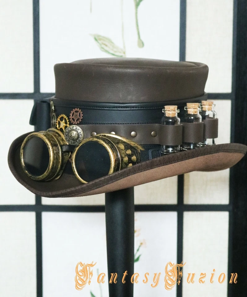 Steampunk Hat Time Traveller Wasteland Goggles Top Hat Pockets and Glass Vials  — 第 2/3 张图片