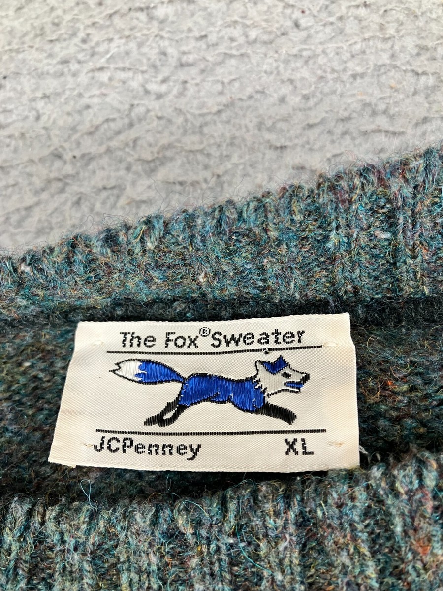 Vintage JCPenney Sweater Mens XL Gray Wool 70s USA The Fox Long  