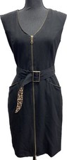 WD NY Black Leopard Print Belted Front Zipper Knee Length Dress Sleeveless 4