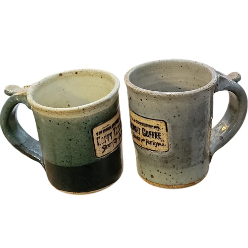 Vtg Pair Flagg Pottery Happy Thought Coffee Mugs Chillicothe Illinois Artisan