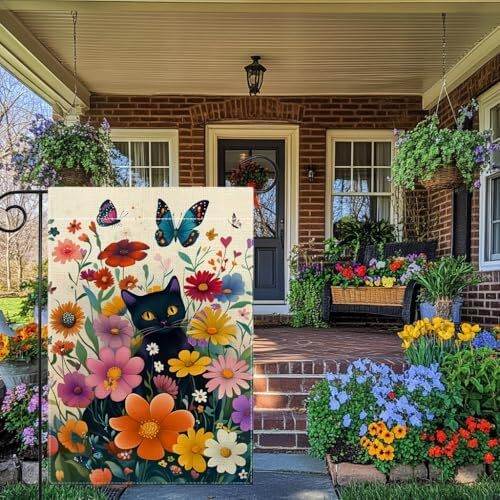 Spring Cat Garden Flag 12x18 Inch Double Sided Summer Butterfly Colorful Floral - Picture 4 of 7