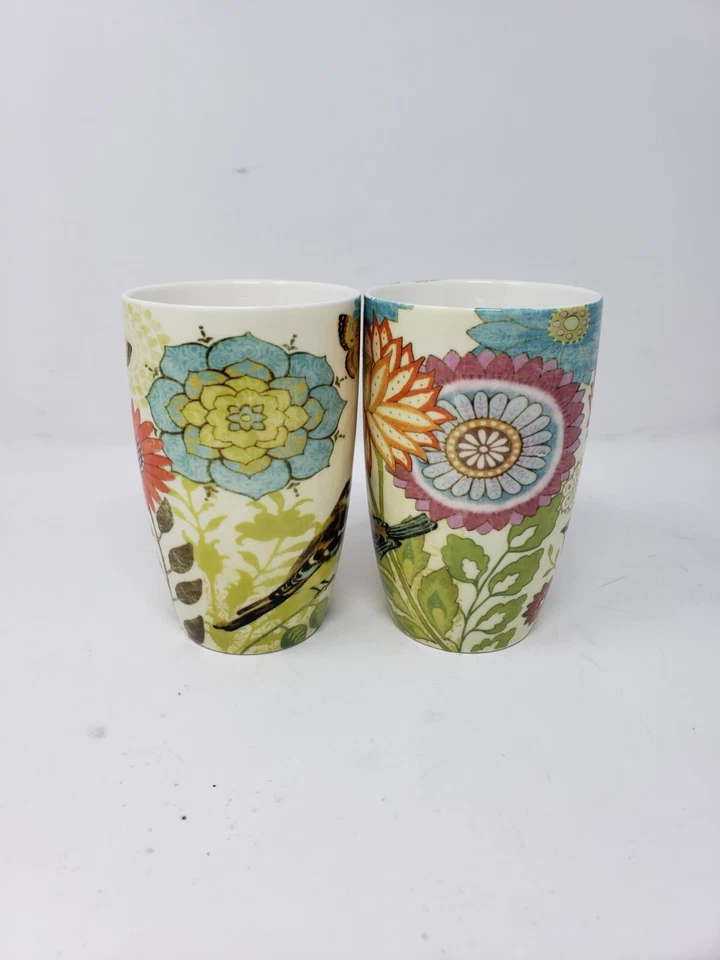 Juego de 2 tazas Duvalley 5" pájaros mariposa porcelana taza latte ciprés azul floral Foto 3 de 4