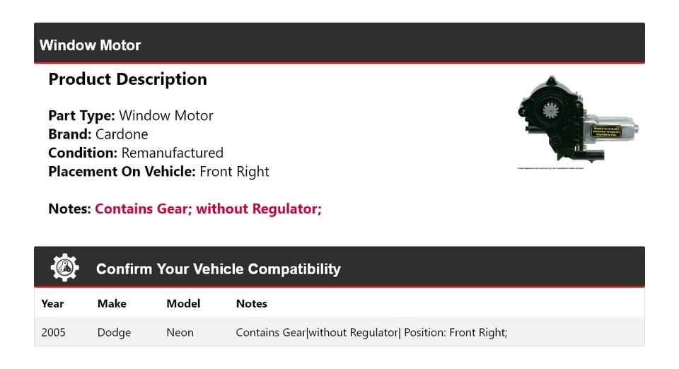 Dodge 2005 ventana de neón motor delantero derecho cardone Foto 2 de 4