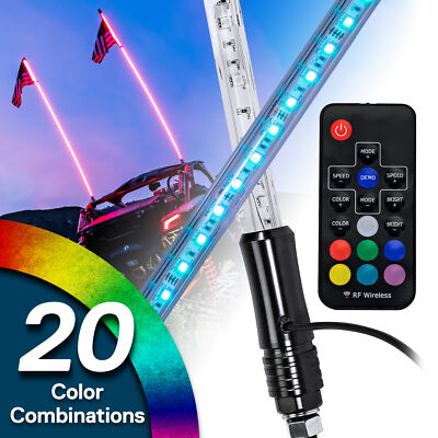 2pc 3ft RGB LED Whip Light Antenna Flag & Remote for UTV ATV Polaris RZR Can Am