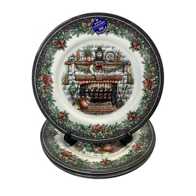 Royal Stafford Christmas Eve Fireplace Floral Bells 11'' Dinner Plates Set of 4