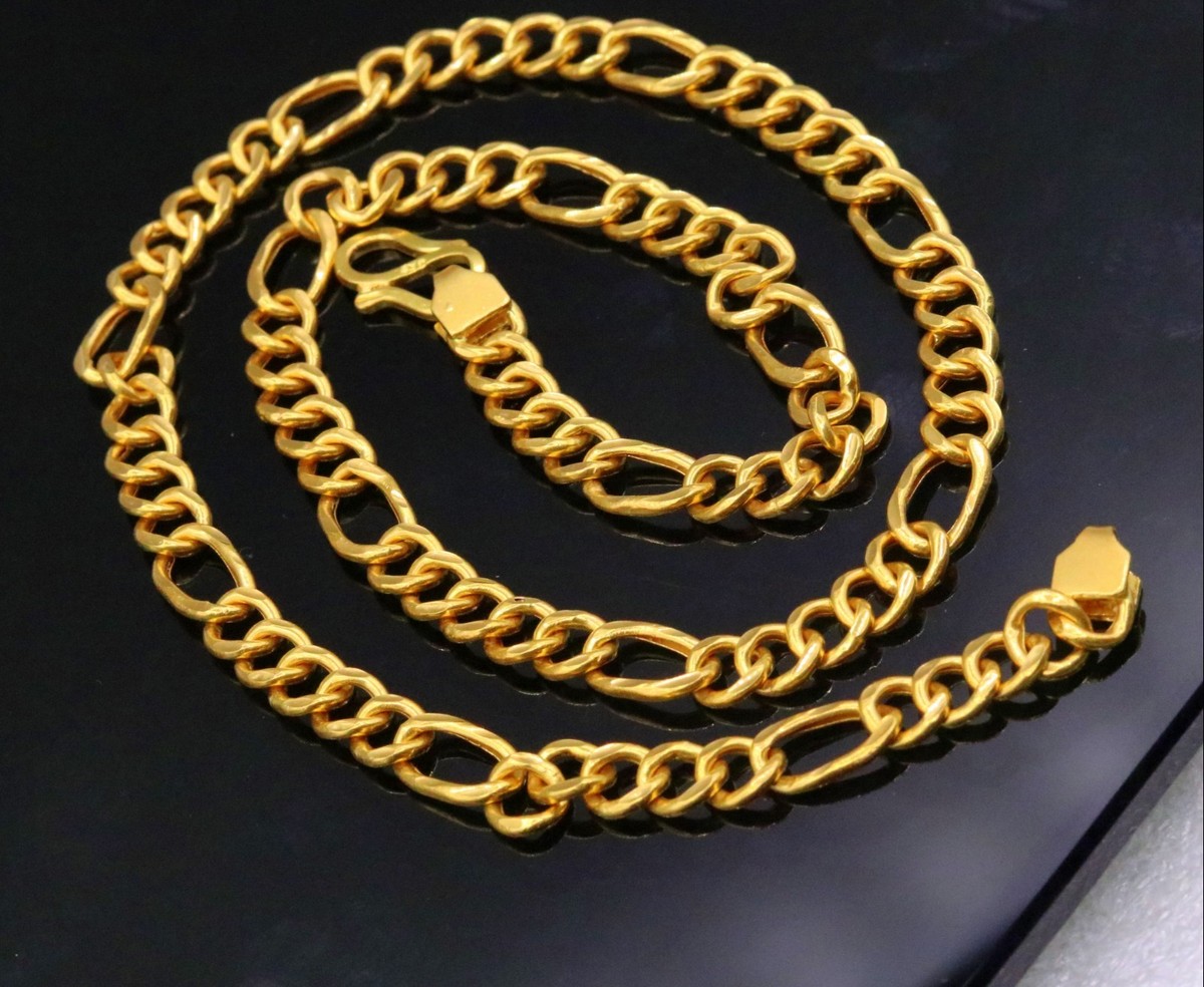 22K YELLOW GOLD GORGEOUS UNISEX 18 INCH FIGARO LINK CHAIN JEWELRY