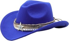 Blue Western Cowboy, Cowgirl Hat, Lone Star Strap, Men Women Retro Wide Brim