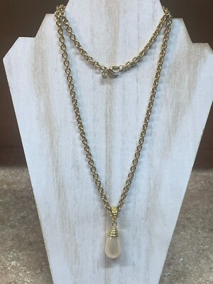PREMIER DESIGNS GOLD TONE X LONG CHAIN W/ PEARL FLAPPER STYLE DROP  PENDANT