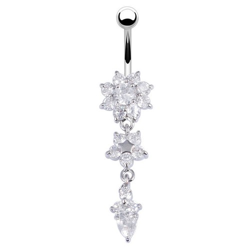 16pcs Surgical Steel Belly Button Ring CZ Long Dangle Navel Curved Barbell 14G - Picture 4 of 27