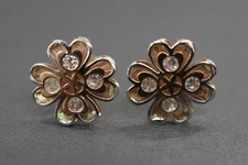 14K Solid Yellow Gold Tri Multi Color 10MM Heart Clover Flower Stud CZ Earrings.