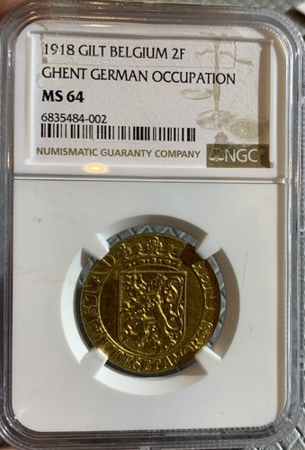 1918 GILT BELGIUM 2 FRANCS GHENT GERMAN OCCUPATION NGC MS64 - Picture 3 of 3