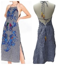 Farm Rio Blue Striped Embroidered Applique Midi Dress Sz XS Bird Tropical Linen