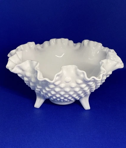 Vintage FENTON LOGO Milk Glass White Hobnail 8” Wide 3 Footed Ruffled Bowl Dish