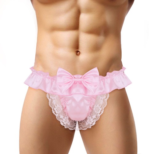 Sissy Men's Bare Bum Briefs Underwear Lady Boy Lace Frilly Bow Open Butt Panties - Picture 3 of 102