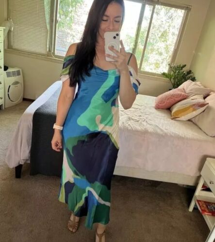 New Anthropologie Bl-nk Painterly Off-Shoulder Slip Dress Blue size Medium P