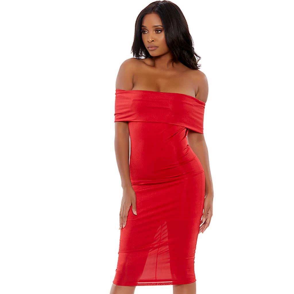 Off the Shoulder Dress Mid Length Midi Short Sleeves Red 886803