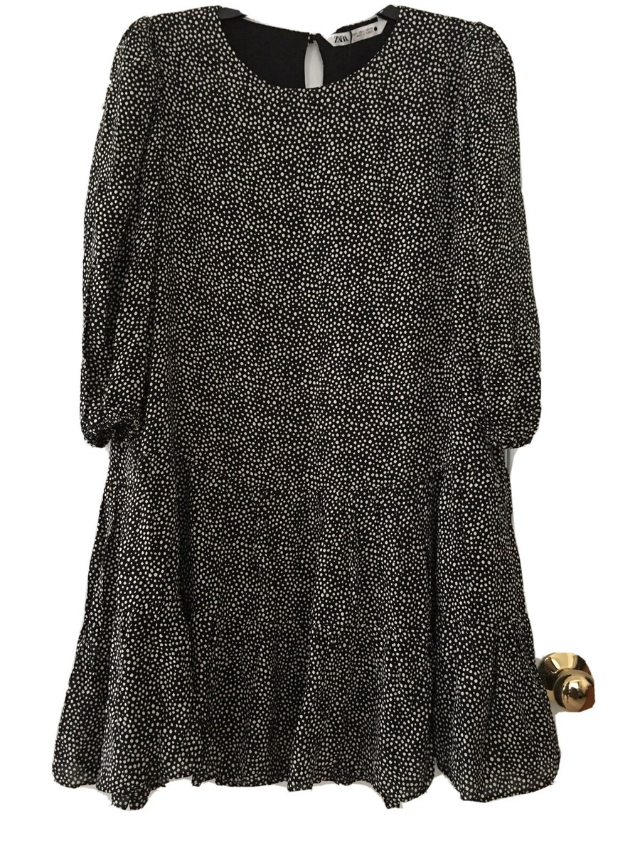 zara micro dot mini dress NWT Zara Micro Dot Ruffled Mini Dress In Black Combo Size S Msrp $69.90
