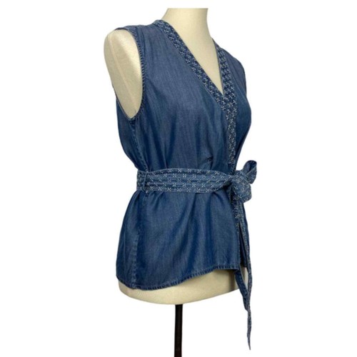 Holding Horses Shirt Women SP Blue Chambray Embroidered Belted Wrap Sleeveless - Picture 5 of 12
