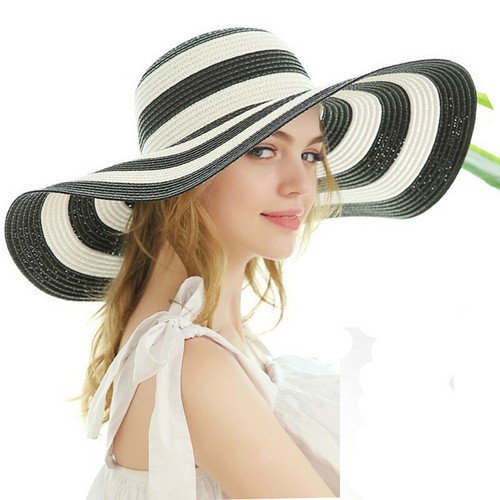 Striped Straw Hat Wide Large Brim Women 