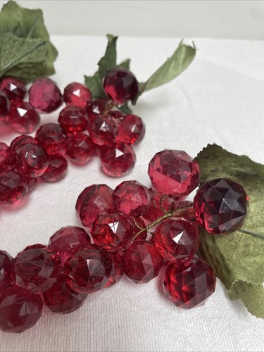 3 Acrylic Lucite Faceted Bead Red Purple Grape Cluster 7" Leaves Stem Vintage - Picture 2 of 6