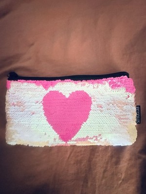 STYLE LAB Pink White Sequin Heart Makeup Bag with Zipper