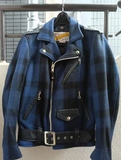 Schott PERFECTO Rider Jacket Blue/Black Check Wool Leather Details