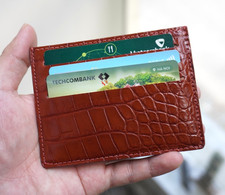 Cognac Real Croc Belly Leather Slim Card Holder