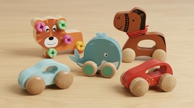 5x Holzspielzeug Set Baby Kleinkind Hape J'adore Motorik Auto Pferd Wal Tiger 1A