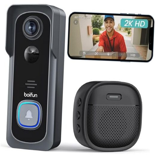 Wireless Doorbell Camera with Chime - 166° Wide Angle View, 2K HD Video,