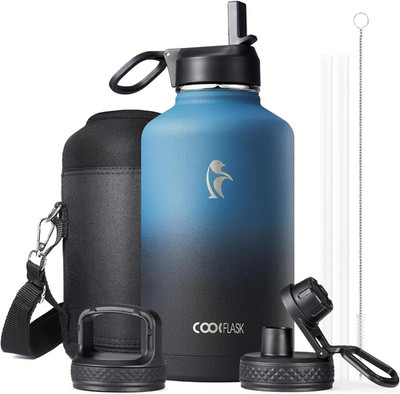 Half Gallon Water Bottle Insulated with Straw & 3 Lids,  64 Oz Water Jug Large M