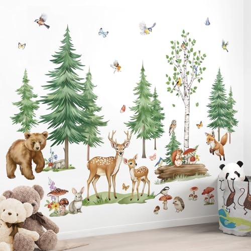 Large Pine Tree Woodland Animals Wall Stickers Forest Birch Bear Deer Fox - Picture 3 of 6