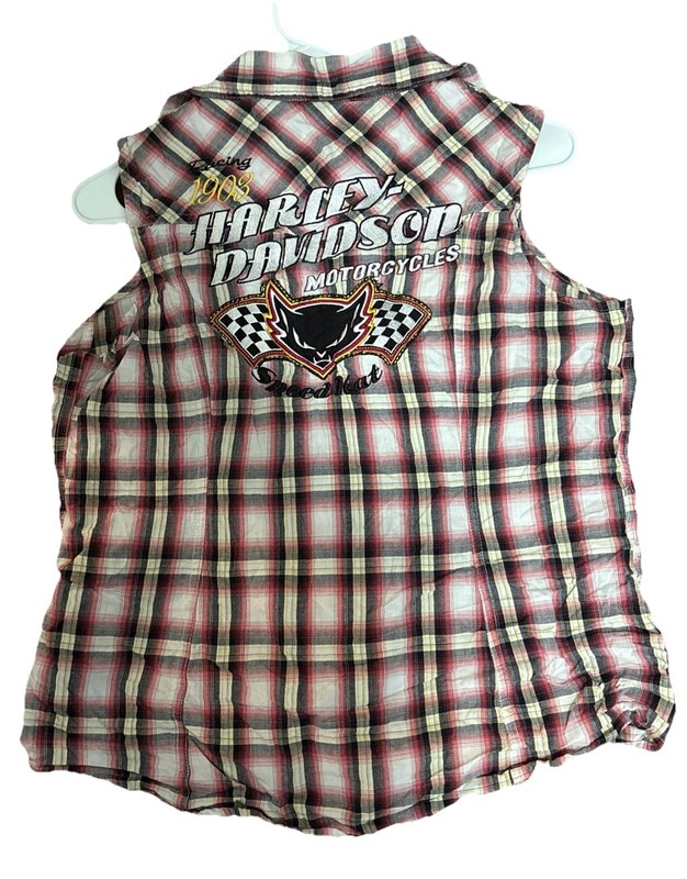 Harley Davidson Plaid Pearl Snap Sleeveless Top Women's Large 1903 Speed Kat
