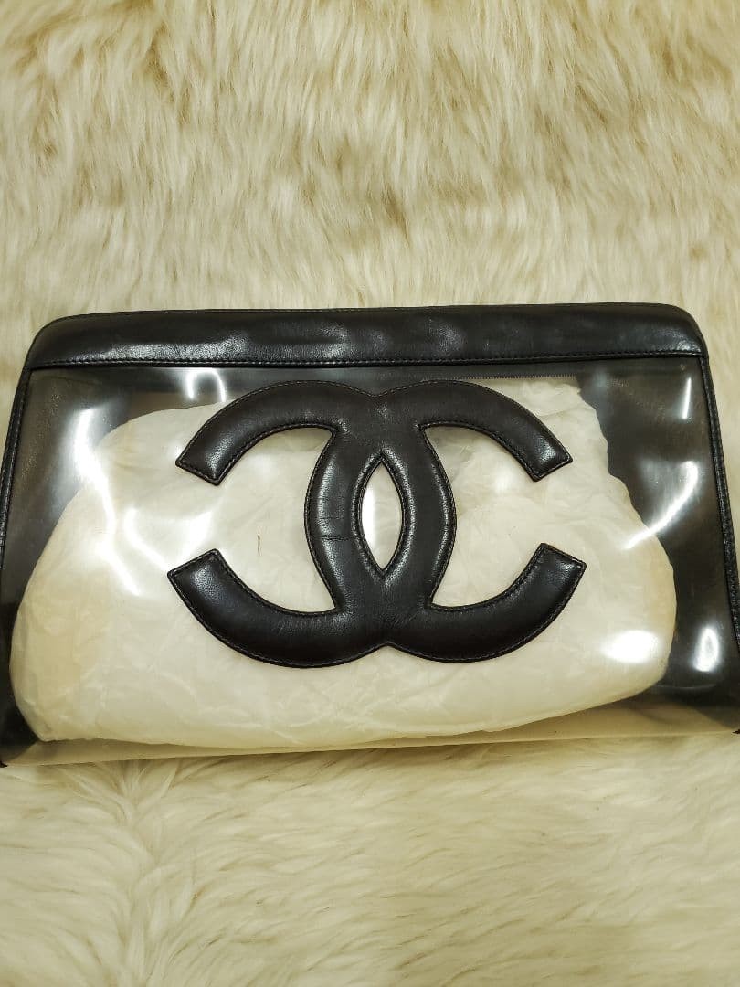 Auth CHANEL Bag Clear Clutch Women's Black Leather & Clear 30x20x9 cm thumbnail 15