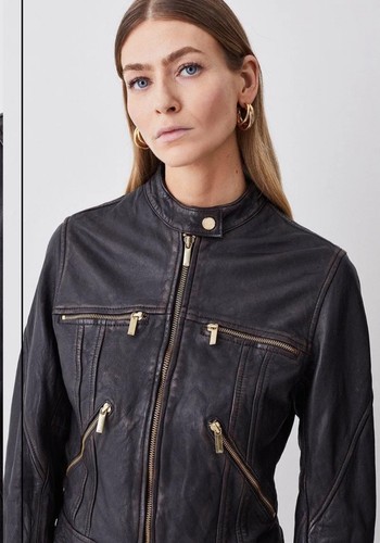 Karen Millen Damen US Größe 8 braun Leder gewaschen kragenlos Jacke Biker Reißverschluss - Bild 3 von 19
