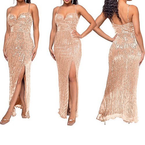 Einzigartiges rückenfreies Damen Abendkleid mit Schlitz und modischen Paillette - Bild 10 von 32